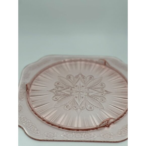 VTG Jeannette Glass Co. Adam Pink Footed Cake Plate Depression Floral Etching - Picture 8 of 9